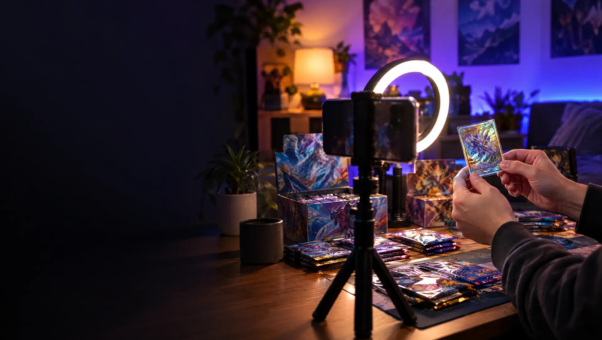 Stream-Aufbau mit Ringlicht und Karte vor der Kamera